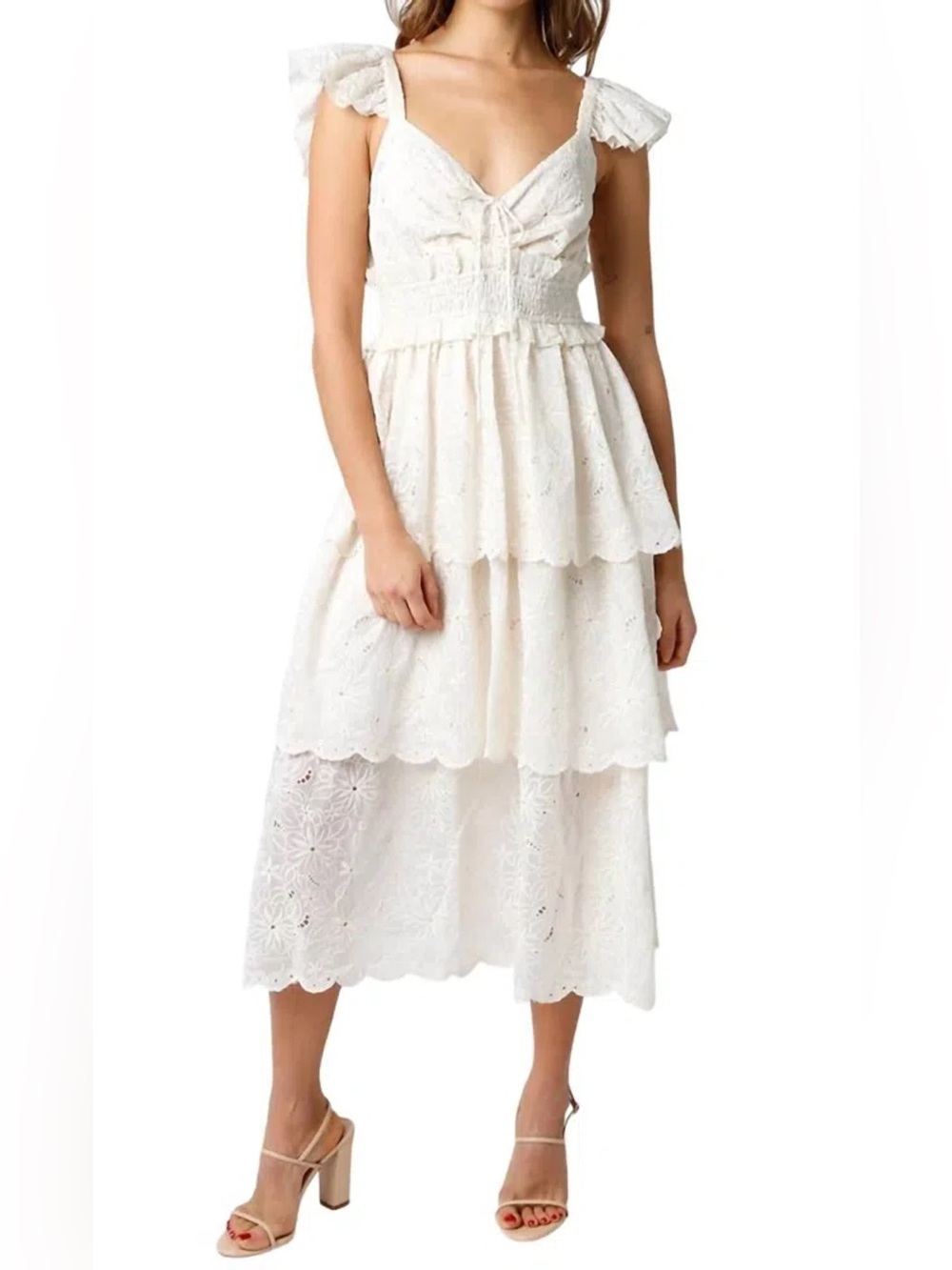 Olivaceous White Eyelet Tiered Midi Dress Ruffle Strap Cottagecore Size Medium